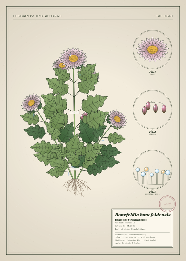 Botanische Tafel: Bonefeldia bonefeldensis, eine erfundene Pflanze aus Bonefeld, gezeichnet wie in einem alten Pflanzenatlas