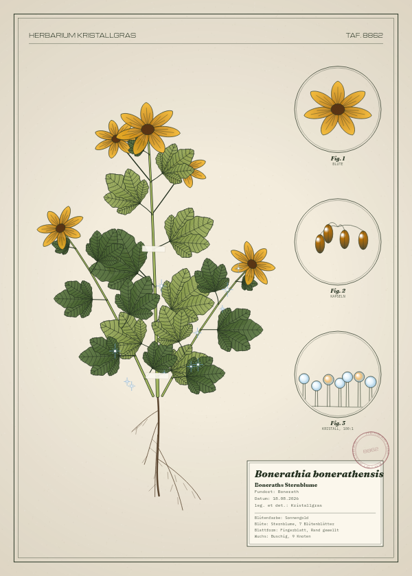 Botanische Tafel: Bonerathia bonerathensis, eine erfundene Pflanze aus Bonerath, gezeichnet wie in einem alten Pflanzenatlas