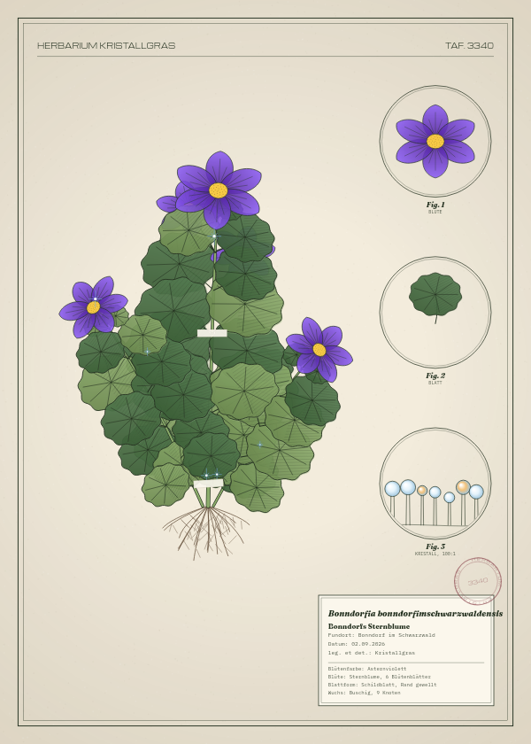 Botanische Tafel: Bonndorfia bonndorfimschwarzwaldensis, eine erfundene Pflanze aus Bonndorf im Schwarzwald, gezeichnet wie in einem alten Pflanzenatlas