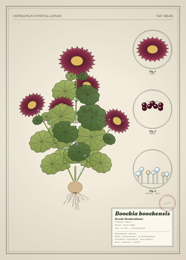 Botanische Tafel: Boockia boockensis, eine erfundene Pflanze aus Boock, gezeichnet wie in einem alten Pflanzenatlas