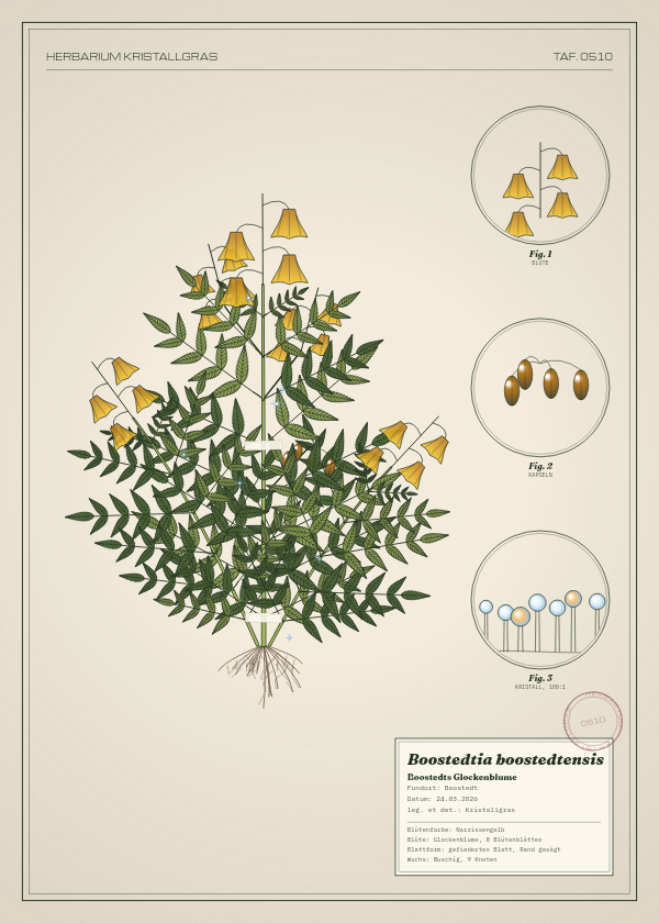 Botanische Tafel: Boostedtia boostedtensis, eine erfundene Pflanze aus Boostedt, gezeichnet wie in einem alten Pflanzenatlas