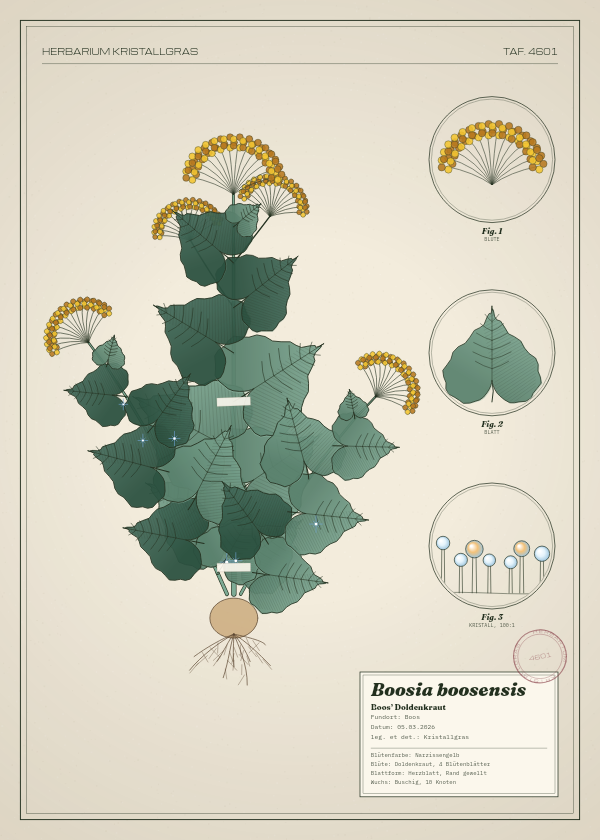 Botanische Tafel: Boosia boosensis, eine erfundene Pflanze aus Boos, gezeichnet wie in einem alten Pflanzenatlas