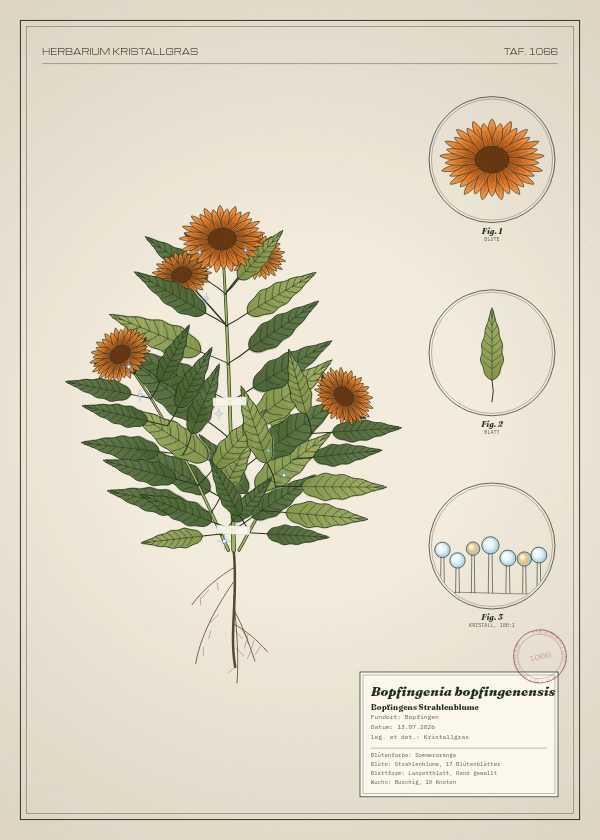 Botanische Tafel: Bopfingenia bopfingenensis, eine erfundene Pflanze aus Bopfingen, gezeichnet wie in einem alten Pflanzenatlas