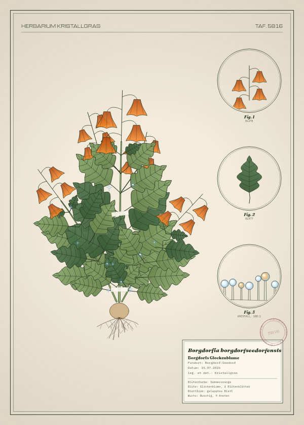 Botanische Tafel: Borgdorfia borgdorfseedorfensis, eine erfundene Pflanze aus Borgdorf-Seedorf, gezeichnet wie in einem alten Pflanzenatlas
