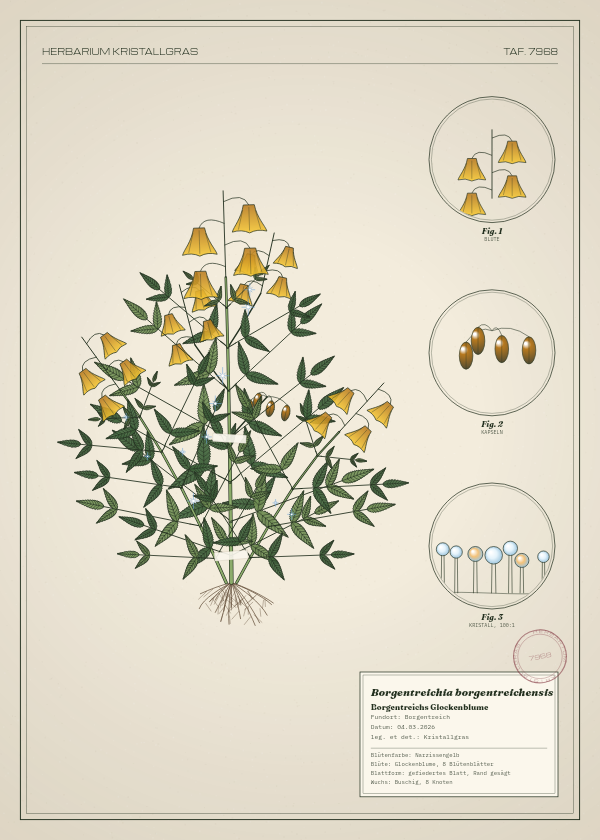 Botanische Tafel: Borgentreichia borgentreichensis, eine erfundene Pflanze aus Borgentreich, gezeichnet wie in einem alten Pflanzenatlas