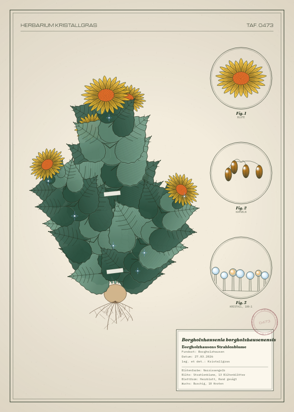Botanische Tafel: Borgholzhausenia borgholzhausenensis, eine erfundene Pflanze aus Borgholzhausen, gezeichnet wie in einem alten Pflanzenatlas