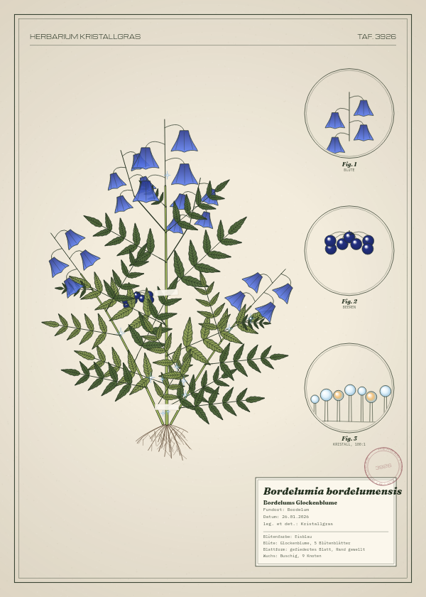 Botanische Tafel: Bordelumia bordelumensis, eine erfundene Pflanze aus Bordelum, gezeichnet wie in einem alten Pflanzenatlas