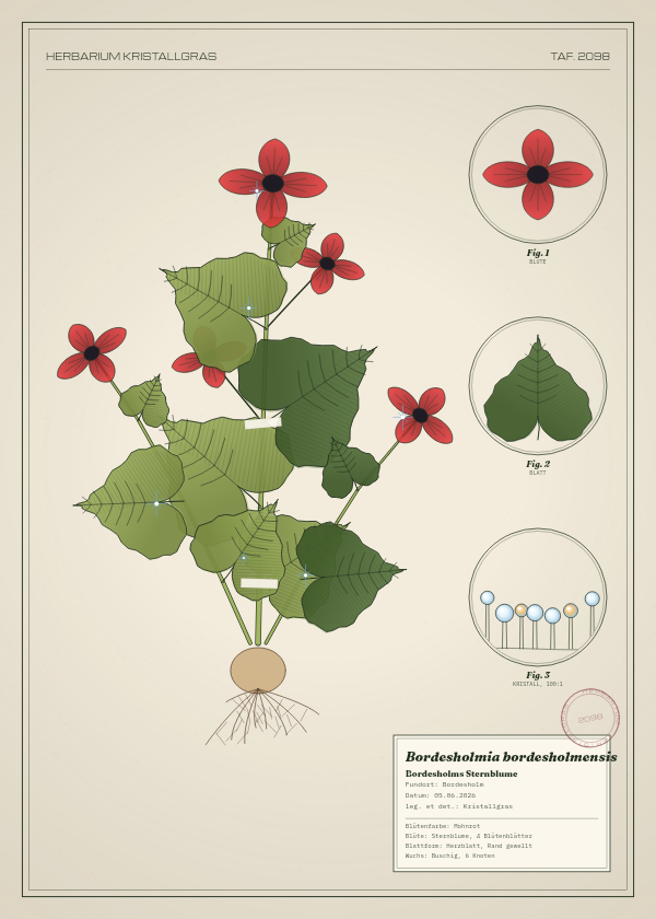 Botanische Tafel: Bordesholmia bordesholmensis, eine erfundene Pflanze aus Bordesholm, gezeichnet wie in einem alten Pflanzenatlas