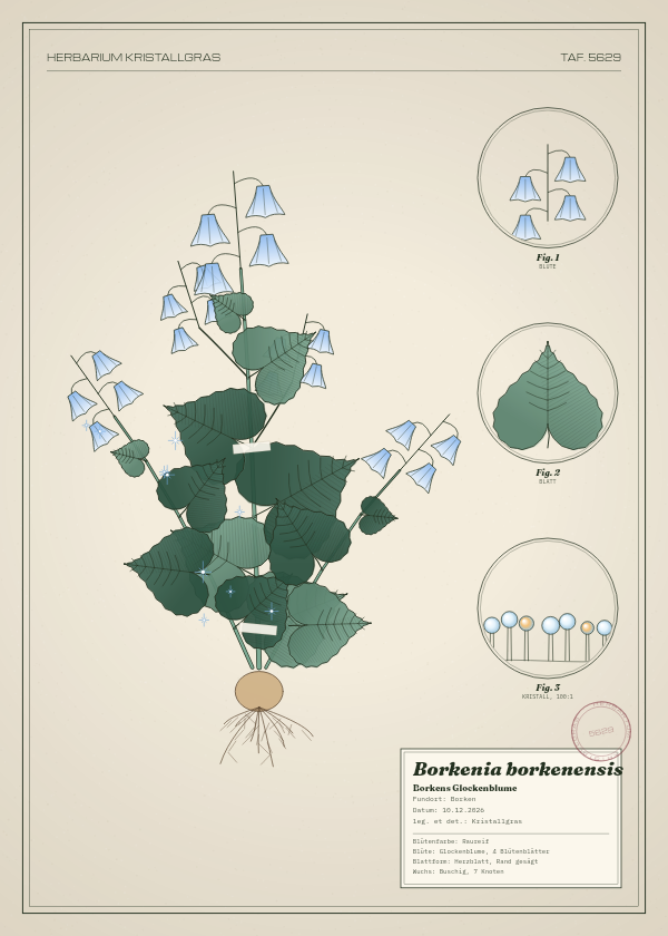 Botanische Tafel: Borkenia borkenensis, eine erfundene Pflanze aus Borken, gezeichnet wie in einem alten Pflanzenatlas