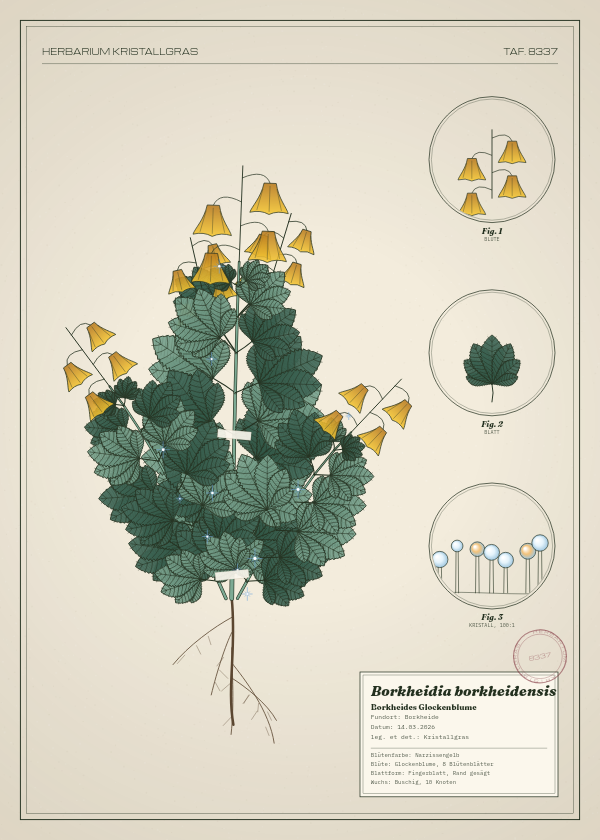 Botanische Tafel: Borkheidia borkheidensis, eine erfundene Pflanze aus Borkheide, gezeichnet wie in einem alten Pflanzenatlas