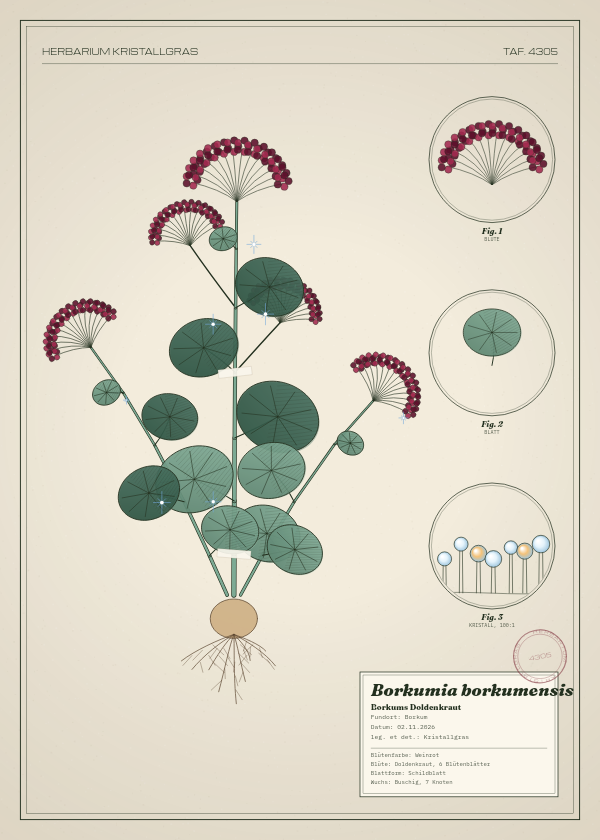 Botanische Tafel: Borkumia borkumensis, eine erfundene Pflanze aus Borkum, gezeichnet wie in einem alten Pflanzenatlas