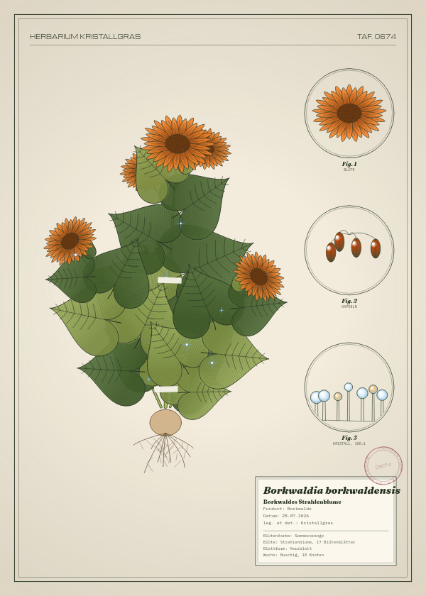 Botanische Tafel: Borkwaldia borkwaldensis, eine erfundene Pflanze aus Borkwalde, gezeichnet wie in einem alten Pflanzenatlas