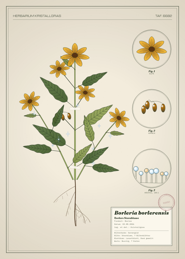 Botanische Tafel: Borleria borlerensis, eine erfundene Pflanze aus Borler, gezeichnet wie in einem alten Pflanzenatlas