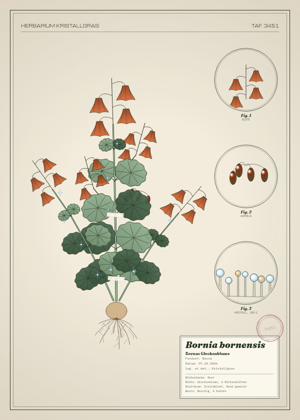 Botanische Tafel: Bornia bornensis, eine erfundene Pflanze aus Borna, gezeichnet wie in einem alten Pflanzenatlas