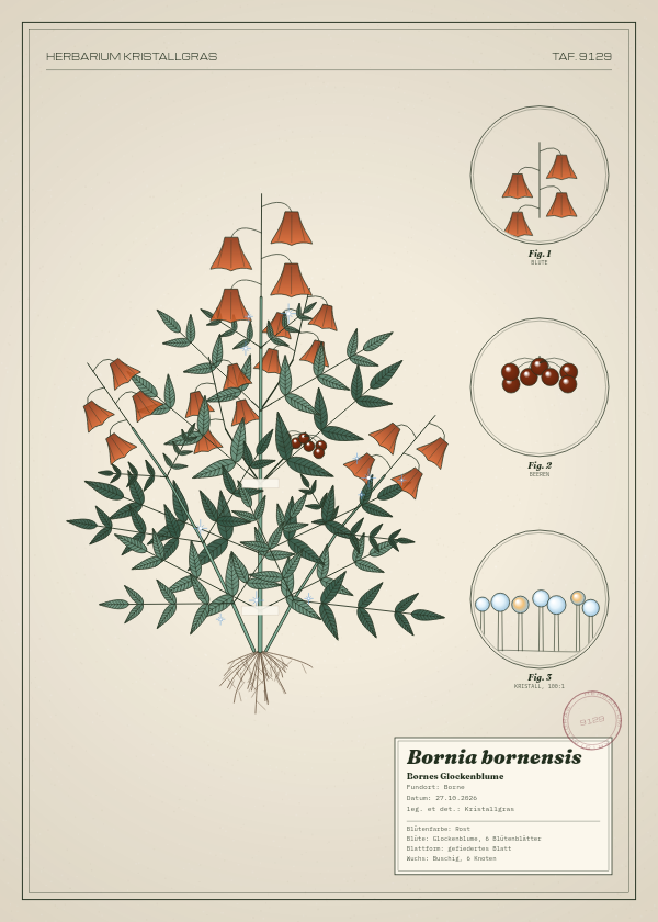 Botanische Tafel: Bornia bornensis, eine erfundene Pflanze aus Borne, gezeichnet wie in einem alten Pflanzenatlas
