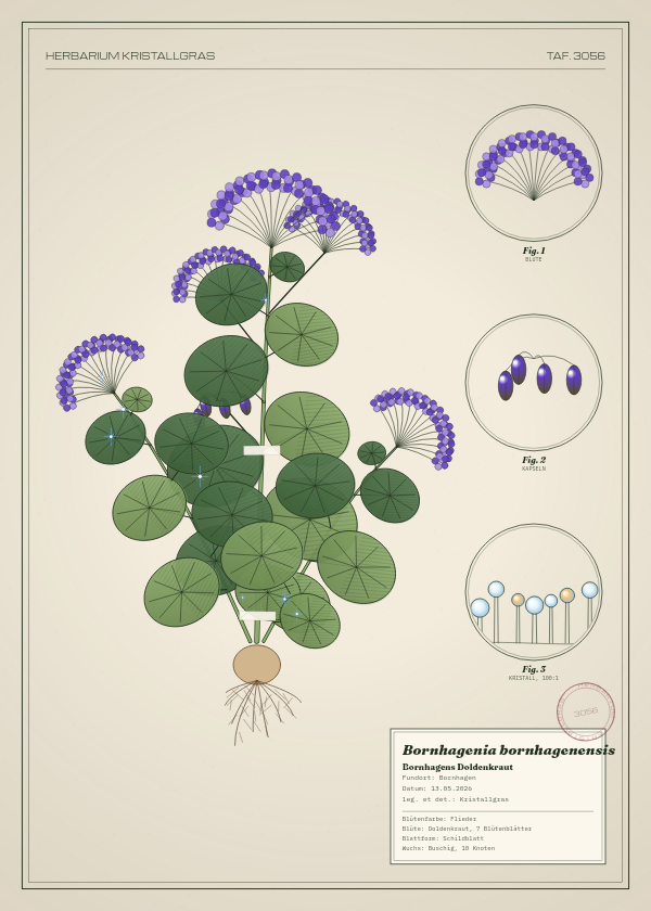 Botanische Tafel: Bornhagenia bornhagenensis, eine erfundene Pflanze aus Bornhagen, gezeichnet wie in einem alten Pflanzenatlas