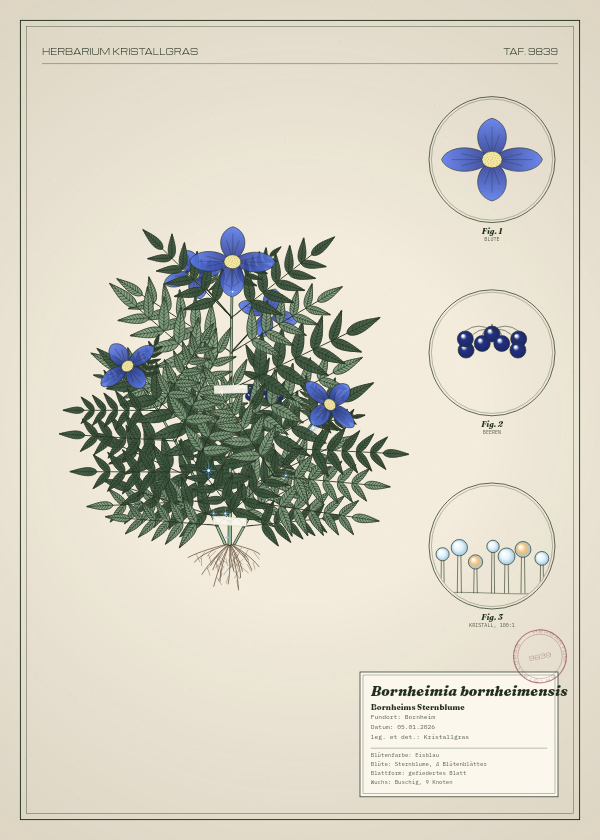 Botanische Tafel: Bornheimia bornheimensis, eine erfundene Pflanze aus Bornheim, gezeichnet wie in einem alten Pflanzenatlas