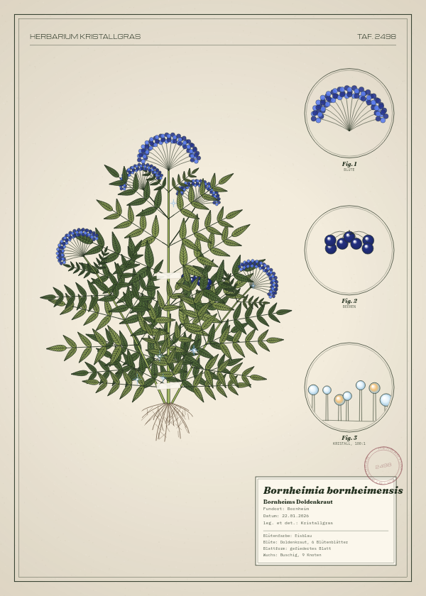 Botanische Tafel: Bornheimia bornheimensis, eine erfundene Pflanze aus Bornheim, gezeichnet wie in einem alten Pflanzenatlas