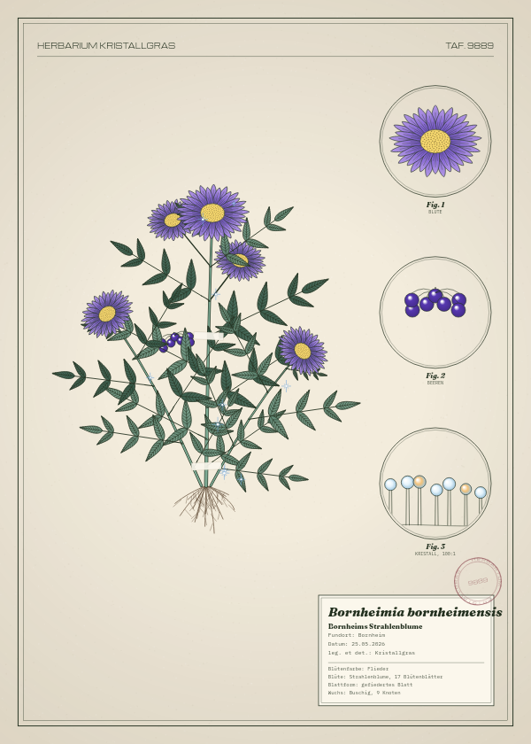 Botanische Tafel: Bornheimia bornheimensis, eine erfundene Pflanze aus Bornheim, gezeichnet wie in einem alten Pflanzenatlas