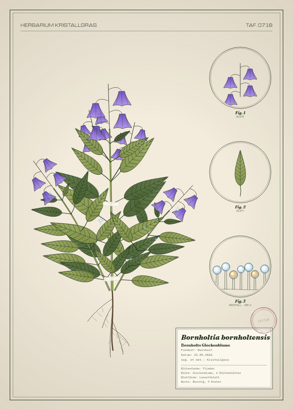 Botanische Tafel: Bornholtia bornholtensis, eine erfundene Pflanze aus Bornholt, gezeichnet wie in einem alten Pflanzenatlas
