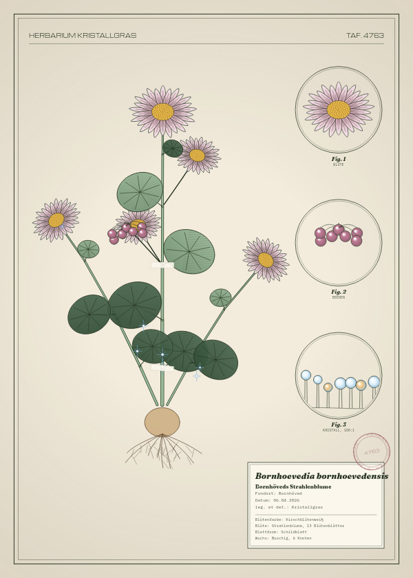 Botanische Tafel: Bornhoevedia bornhoevedensis, eine erfundene Pflanze aus Bornhöved, gezeichnet wie in einem alten Pflanzenatlas