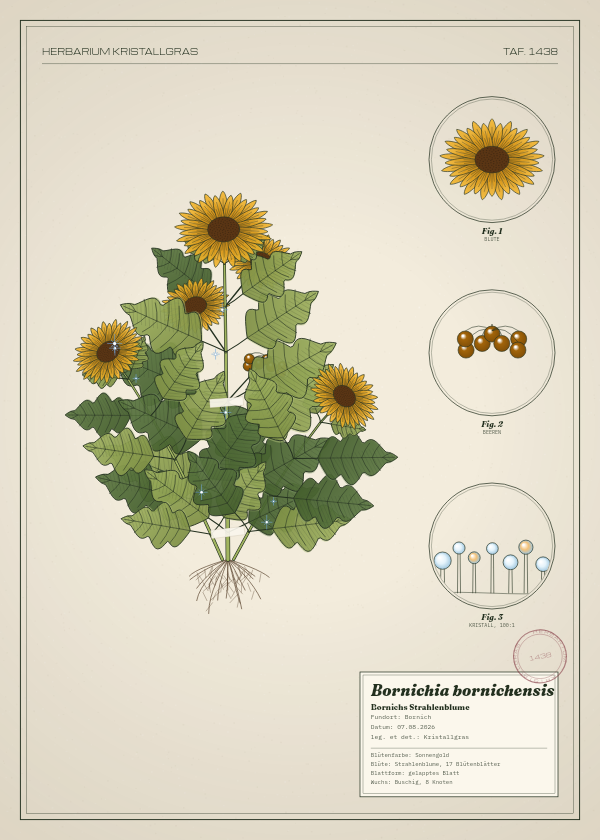 Botanische Tafel: Bornichia bornichensis, eine erfundene Pflanze aus Bornich, gezeichnet wie in einem alten Pflanzenatlas