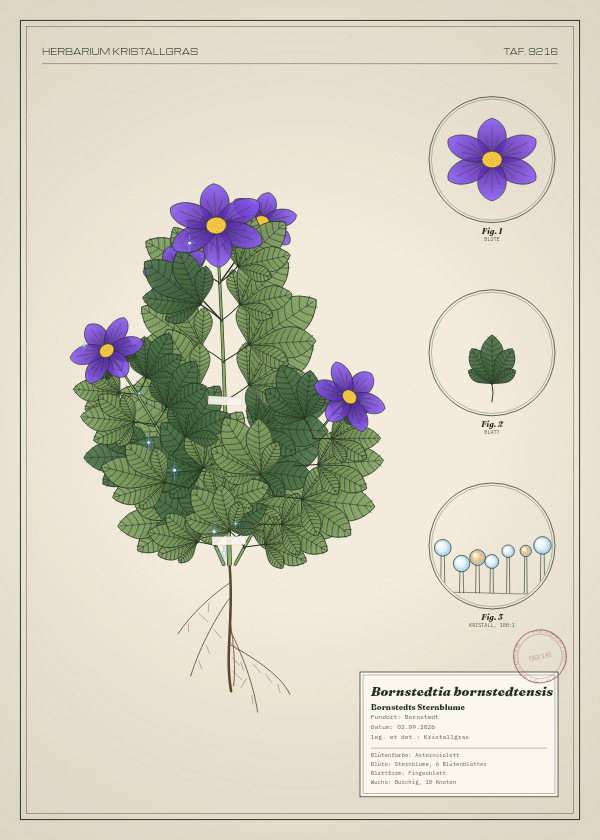 Botanische Tafel: Bornstedtia bornstedtensis, eine erfundene Pflanze aus Bornstedt, gezeichnet wie in einem alten Pflanzenatlas