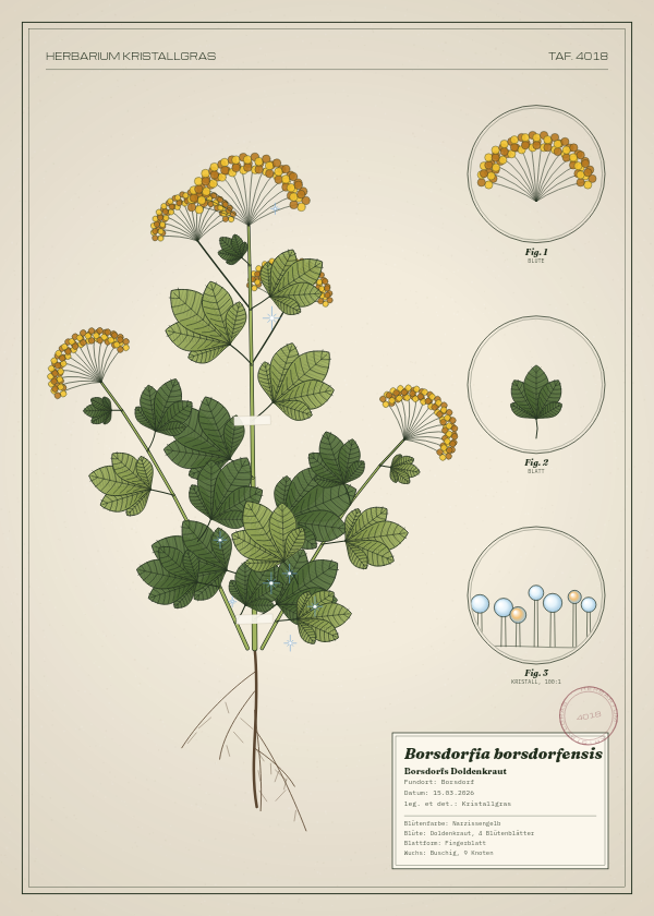 Botanische Tafel: Borsdorfia borsdorfensis, eine erfundene Pflanze aus Borsdorf, gezeichnet wie in einem alten Pflanzenatlas