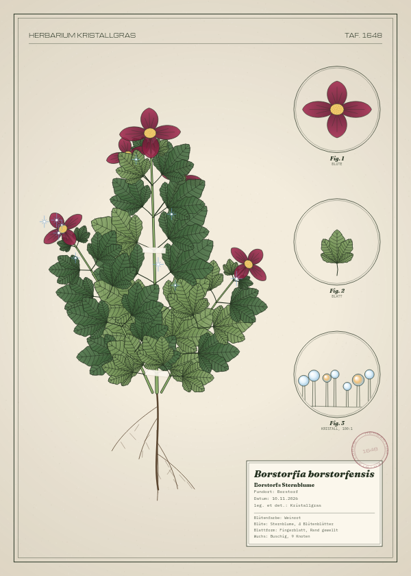 Botanische Tafel: Borstorfia borstorfensis, eine erfundene Pflanze aus Borstorf, gezeichnet wie in einem alten Pflanzenatlas