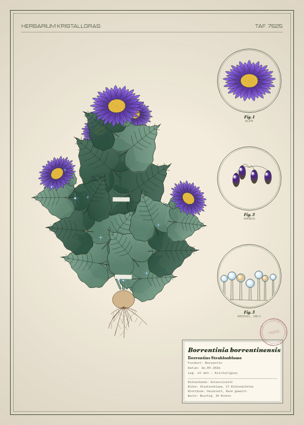 Botanische Tafel: Borrentinia borrentinensis, eine erfundene Pflanze aus Borrentin, gezeichnet wie in einem alten Pflanzenatlas