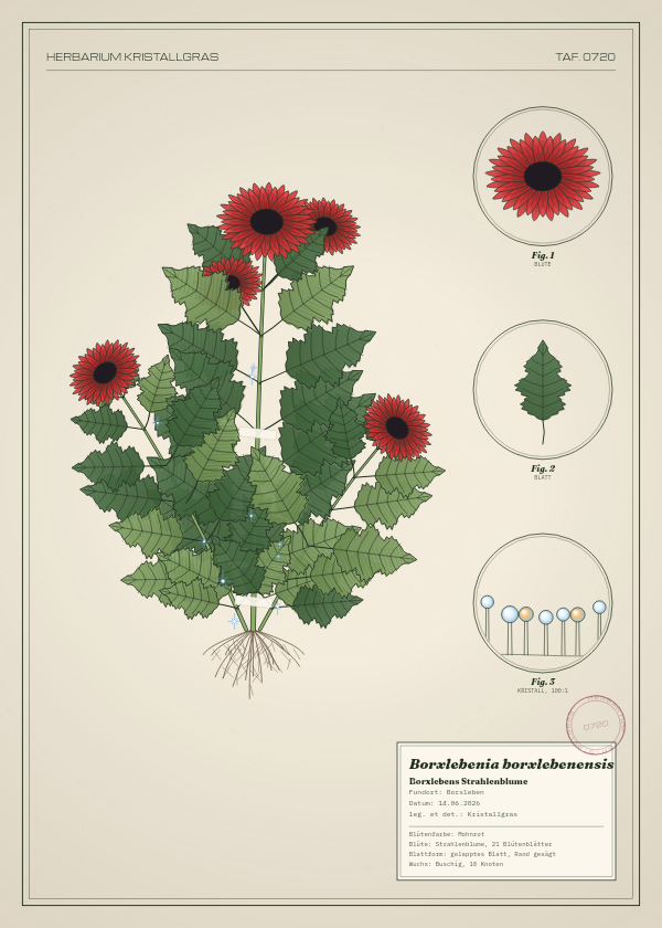 Botanische Tafel: Borxlebenia borxlebenensis, eine erfundene Pflanze aus Borxleben, gezeichnet wie in einem alten Pflanzenatlas