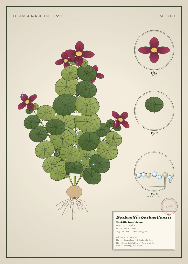 Botanische Tafel: Bosbuellia bosbuellensis, eine erfundene Pflanze aus Bosbüll, gezeichnet wie in einem alten Pflanzenatlas