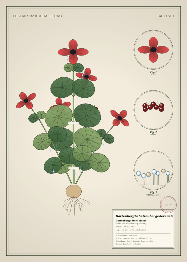 Botanische Tafel: Battenbergia battenbergederensis, eine erfundene Pflanze aus Battenberg (Eder), gezeichnet wie in einem alten Pflanzenatlas