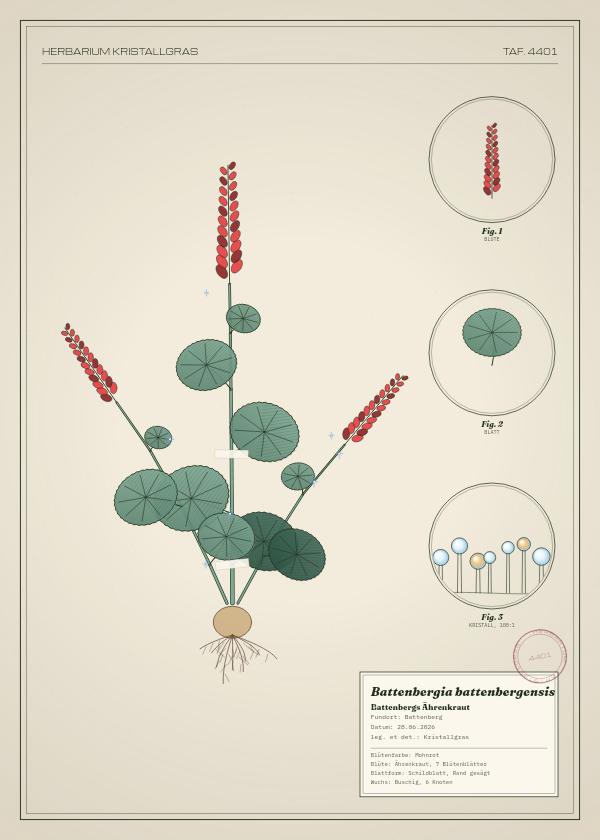 Botanische Tafel: Battenbergia battenbergensis, eine erfundene Pflanze aus Battenberg, gezeichnet wie in einem alten Pflanzenatlas