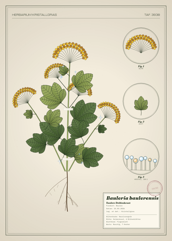 Botanische Tafel: Bauleria baulerensis, eine erfundene Pflanze aus Bauler, gezeichnet wie in einem alten Pflanzenatlas