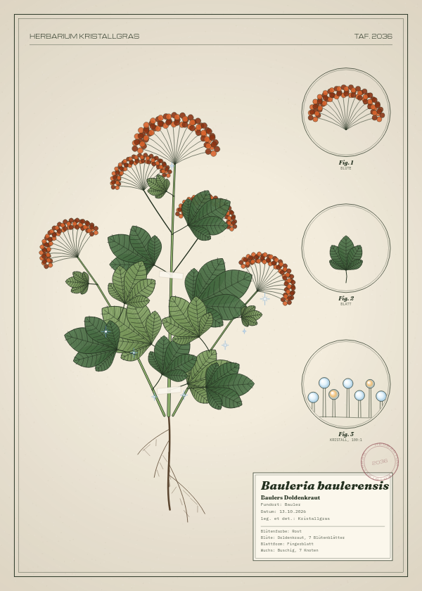 Botanische Tafel: Bauleria baulerensis, eine erfundene Pflanze aus Bauler, gezeichnet wie in einem alten Pflanzenatlas