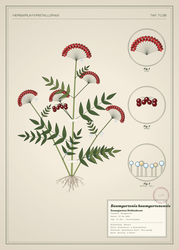 Botanische Tafel: Baumgartenia baumgartenensis, eine erfundene Pflanze aus Baumgarten, gezeichnet wie in einem alten Pflanzenatlas