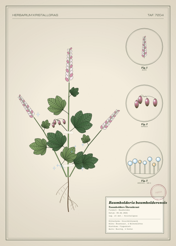 Botanische Tafel: Baumholderia baumholderensis, eine erfundene Pflanze aus Baumholder, gezeichnet wie in einem alten Pflanzenatlas
