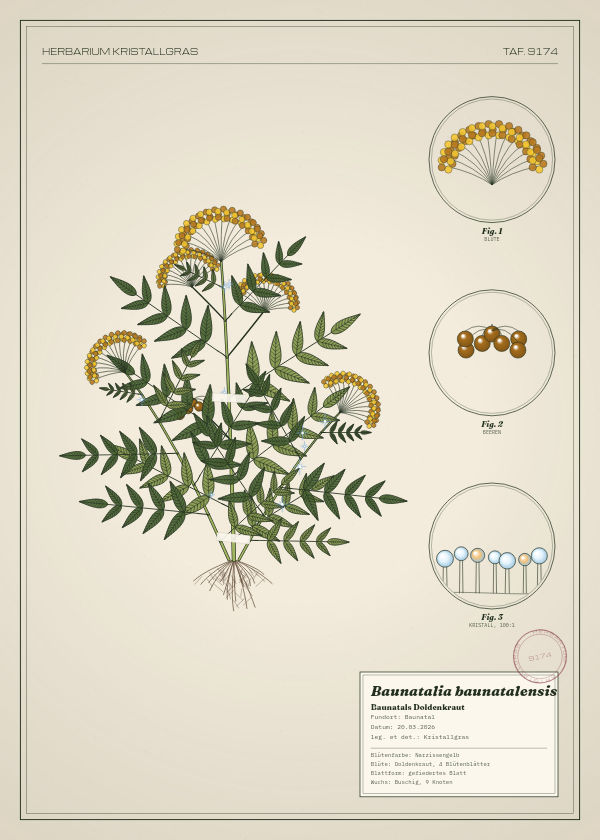 Botanische Tafel: Baunatalia baunatalensis, eine erfundene Pflanze aus Baunatal, gezeichnet wie in einem alten Pflanzenatlas