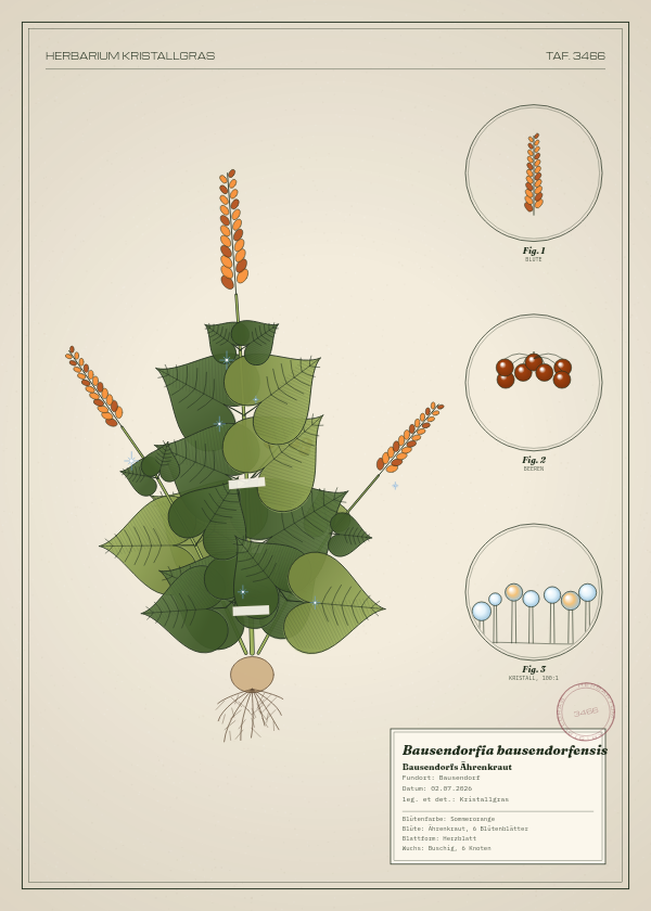 Botanische Tafel: Bausendorfia bausendorfensis, eine erfundene Pflanze aus Bausendorf, gezeichnet wie in einem alten Pflanzenatlas