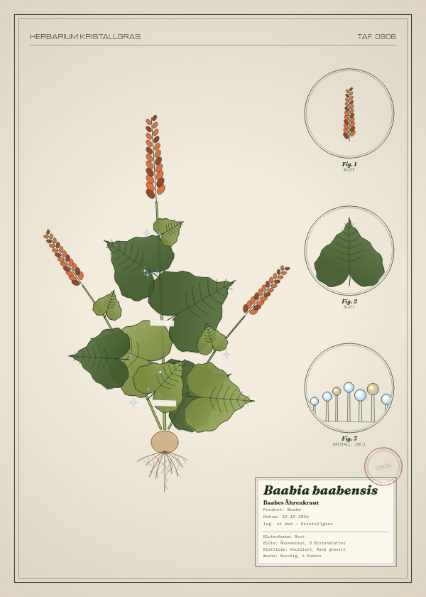 Botanische Tafel: Baabia baabensis, eine erfundene Pflanze aus Baabe, gezeichnet wie in einem alten Pflanzenatlas