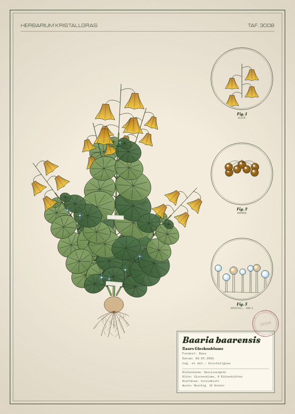 Botanische Tafel: Baaria baarensis, eine erfundene Pflanze aus Baar, gezeichnet wie in einem alten Pflanzenatlas
