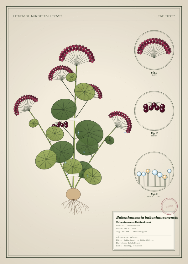 Botanische Tafel: Babenhausenia babenhausenensis, eine erfundene Pflanze aus Babenhausen, gezeichnet wie in einem alten Pflanzenatlas