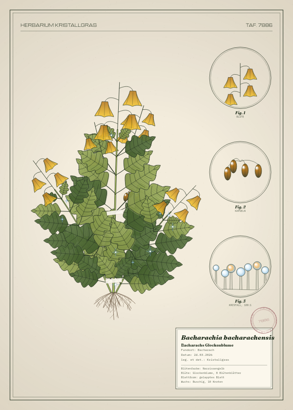 Botanische Tafel: Bacharachia bacharachensis, eine erfundene Pflanze aus Bacharach, gezeichnet wie in einem alten Pflanzenatlas