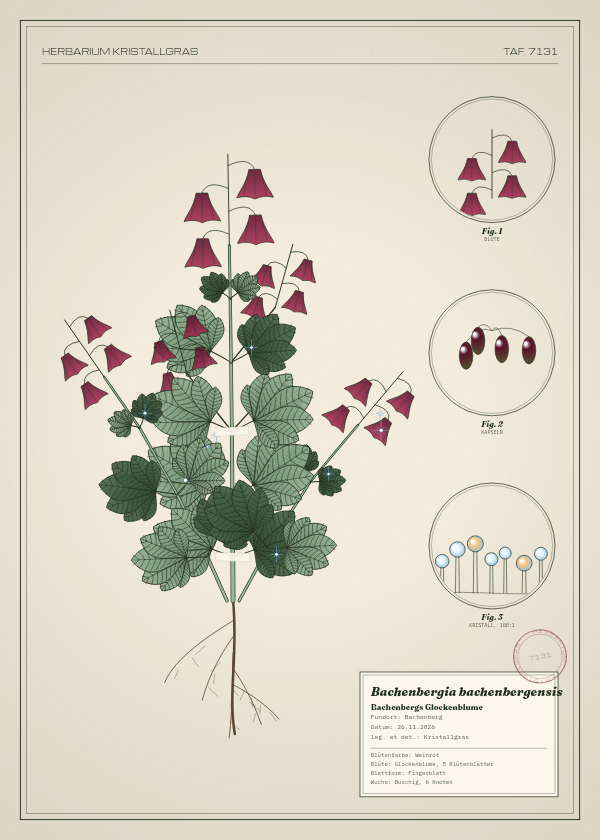Botanische Tafel: Bachenbergia bachenbergensis, eine erfundene Pflanze aus Bachenberg, gezeichnet wie in einem alten Pflanzenatlas