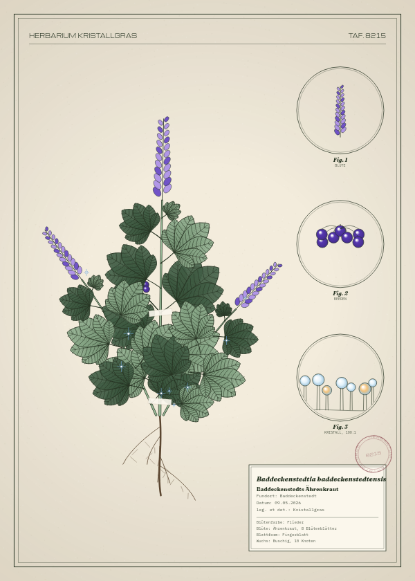 Botanische Tafel: Baddeckenstedtia baddeckenstedtensis, eine erfundene Pflanze aus Baddeckenstedt, gezeichnet wie in einem alten Pflanzenatlas