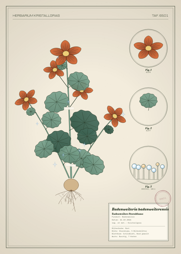 Botanische Tafel: Badenweileria badenweilerensis, eine erfundene Pflanze aus Badenweiler, gezeichnet wie in einem alten Pflanzenatlas