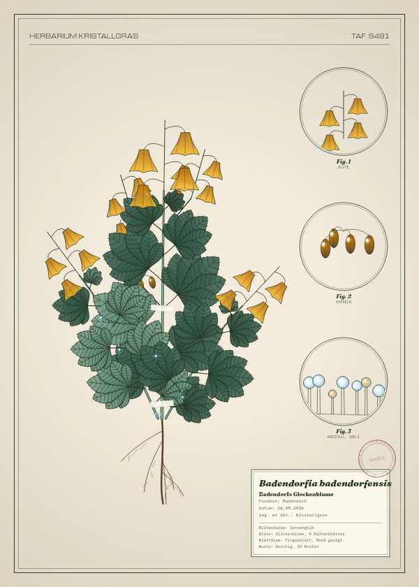 Botanische Tafel: Badendorfia badendorfensis, eine erfundene Pflanze aus Badendorf, gezeichnet wie in einem alten Pflanzenatlas