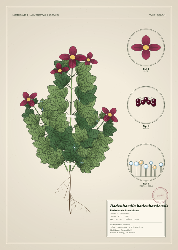Botanische Tafel: Badenhardia badenhardensis, eine erfundene Pflanze aus Badenhard, gezeichnet wie in einem alten Pflanzenatlas
