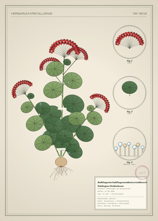 Botanische Tafel: Bahlingenia bahlingenamkaiserstuhlensis, eine erfundene Pflanze aus Bahlingen am Kaiserstuhl, gezeichnet wie in einem alten Pflanzenatlas